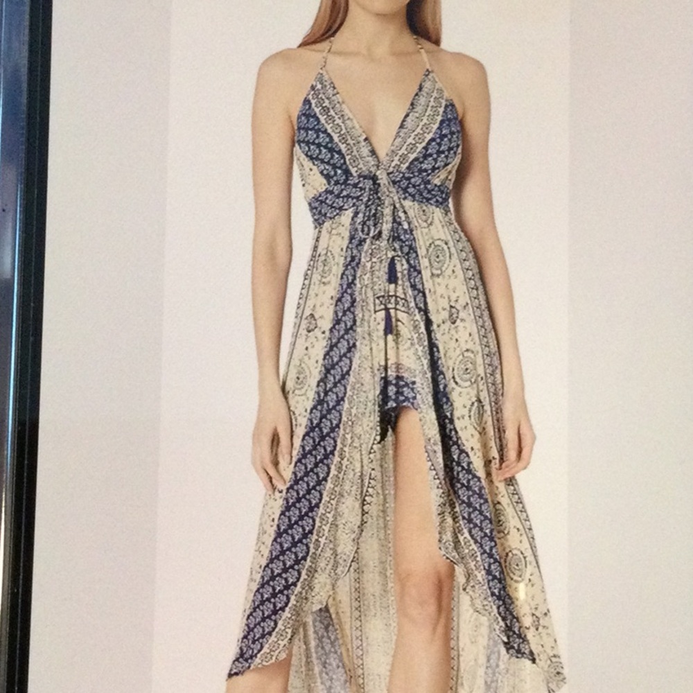 Boho Tie-Front Blue and Cream Maxi Dress